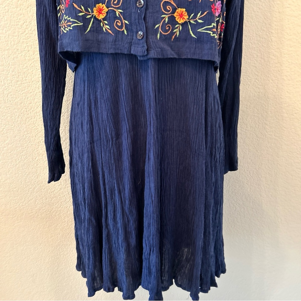 Navy Blue Embroidered Floral Dress Two Piece Long Sleeve M Cottage Boho Navy - Picture 15 of 16